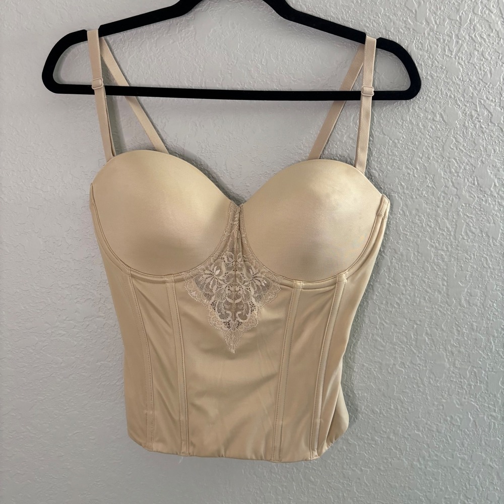 Maidenform Nude Lace Longline Corset Bra 36C Underwire Strapless FL1277 Beige
